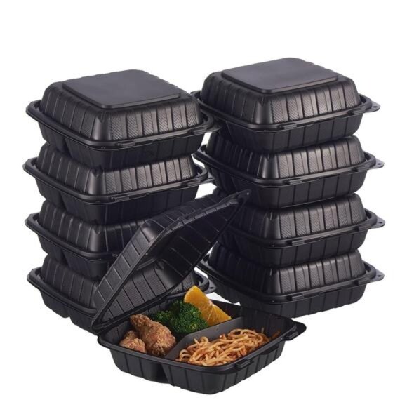 8X8" 3-Compartment 50-Pack Plastic Clamshell Takeout Food Trays Heavy Duty - Picture 1 of 7